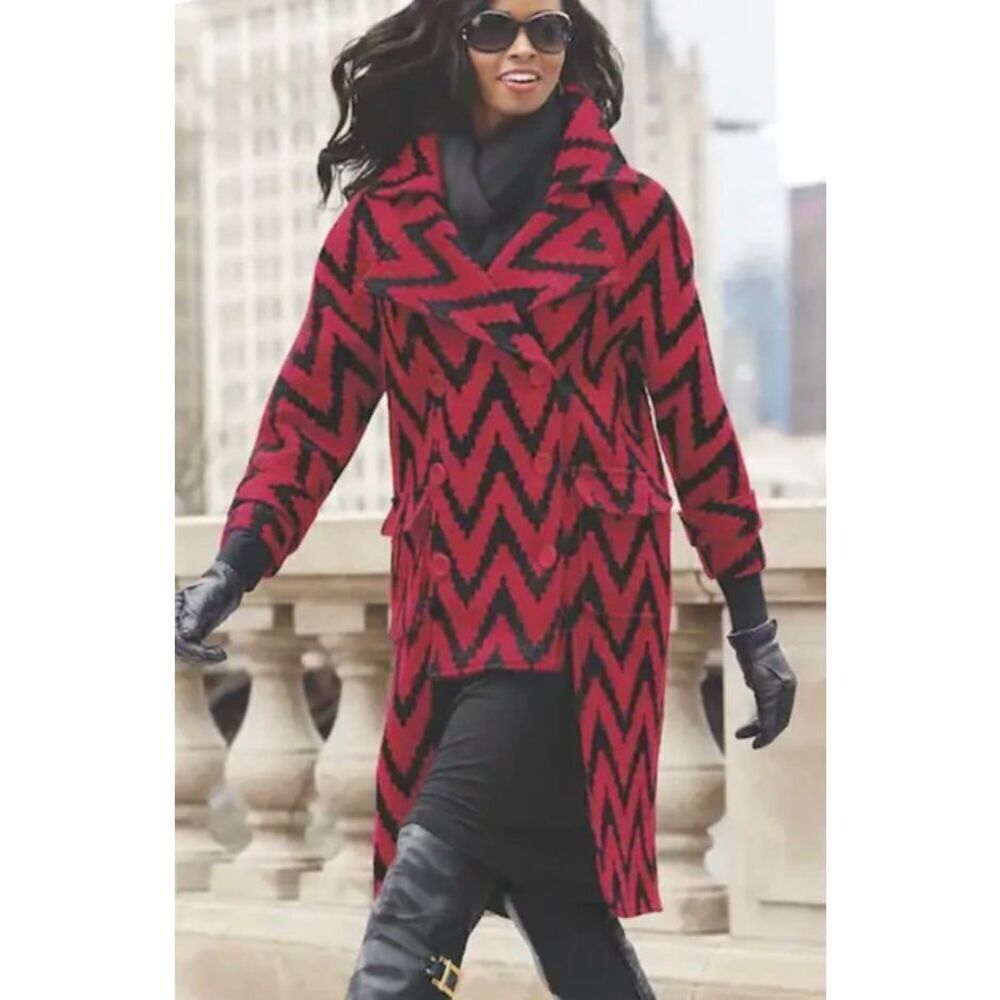 Ashro Black Red Carlette Wool Blend Coat Jacket Winter Warm